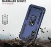 A blue phone case with a ring holder is shown in a dynamic, action-oriented scene with debris flying around it, suggesting durability and protection. Produktbild-Vorschau