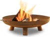 A rusty metal fire pit with burning logs inside, set against a white background. Produktbild-Vorschau