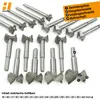 A collection of Forstner drill bits arranged on a white background, with a diagram labeling parts of the drill bit. Produktbild-Vorschau