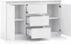 A white sideboard with three drawers and two doors, shown open. Produktbild-Vorschau
