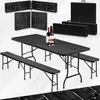 A collage of a black plastic folding table and bench set, shown in various configurations and folded states, with bottles of wine and glasses on the table. Náhľad obrázku produktu