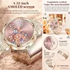 A close-up of a diamond-encrusted smartwatch with a floral dial, surrounded by marketing text and feature callouts. Produktbild-Vorschau