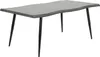 A dining table with a gray, wood-like top and black metal legs, shown from a diagonal angle against a white background. Produktbild-Vorschau