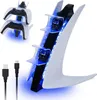 A white charging station with blue LED lights, holding two white game controllers, with two USB cables in the foreground. Produktbild-Vorschau