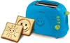 A blue toaster with two slices of toast, one with a smiley face design and the other with a sun design, are placed in front of it. Produktbild-Vorschau