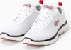 A pair of white Skechers sneakers with red accents, displayed on a white background. Produktbild-Vorschau