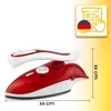 A red and white travel iron is shown against a white and yellow gradient background. A graphic overlay shows a German flag and an icon representing instructions. Produktbild-Vorschau