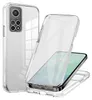 A clear phone case is shown in two configurations: one showing the back of a phone with the case on, and another showing a phone being inserted into the case. Produktbild-Vorschau