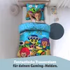 A young boy is sleeping in a bed with Brawl Stars themed bedding. Produktbild-Vorschau