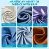 A collage of different fabric textures with text overlays describing each fabric type. Produktbild-Vorschau