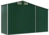A green metal shed with a sloped roof and ventilation openings on the front gable. Náhled obrázku produktu