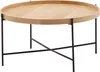 A round coffee table with a wooden top and black metal legs. Voir les images du produit