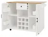 A white kitchen island with a wooden top, open doors, shelves, and wine racks. Produktbild-Vorschau