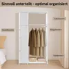 A white fabric wardrobe with clothes hanging on a rod and folded items on a shelf. Text overlays describe different storage areas. Produktbild-Vorschau