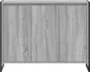 A front view of a gray wooden cabinet with three doors and black metal legs. Podgląd zdjęcia produktu