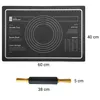 A baking mat and rolling pin with dimensions shown. Voir les images du produit