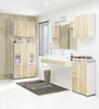 A modern bathroom with white tiled walls and floors, featuring various storage cabinets and a sink. Produktbild-Vorschau