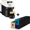 A Nespresso Vertuo Pop coffee machine with a cup of coffee and two boxes of coffee capsules. Podgląd zdjęcia produktu