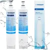 Two water filters and their packaging are shown, with water splashes around them. Produktbild-Vorschau