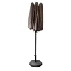 A closed umbrella with a taupe fabric cover, standing on a black base. Produktbild-Vorschau