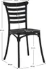 A black chair with dimensions indicated by lines and measurements. Produktbild-Vorschau