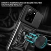 A black phone case with a ring holder and a magnetic mount is shown in a close-up shot, with blue arrows indicating magnetic attraction. Produktbild-Vorschau