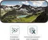 A smartphone screen displaying a mountain landscape, with two icons and text below. Produktbild-Vorschau