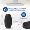 A kitchen range hood with two charcoal filters, one shown in detail with dimensions, and marketing text. Produktbild-Vorschau