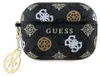 A black Guess AirPods Pro 2 case with a repeating pattern of the Guess logo and other symbols. A gold keychain with the Guess logo is attached to the case. Produktbild-Vorschau