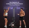 A man and a woman are posing next to a rowing machine, with text highlighting its features. Produktbild-Vorschau