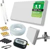 A collection of satellite equipment laid out on a white background. Produktbild-Vorschau