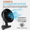 A close-up image of a black desk fan with blue wisps of air emanating from it, indicating airflow. Text overlays provide details about the fan's quiet and efficient motor. Produktbild-Vorschau