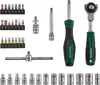 A collection of tools, including various bits, sockets, a ratchet, and a screwdriver, arranged neatly on a white background. Produktbild-Vorschau