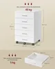 A diagram showing the dimensions and weight capacity of a white rolling cabinet with drawers. Produktbild-Vorschau