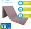 A folded mattress is shown with marketing text and icons on the right side. Produktbild-Vorschau