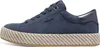 A side view of a single blue sneaker with a woven platform sole. Produktbild-Vorschau