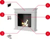A white bioethanol fireplace with flames burning inside, shown with numbered labels pointing to different parts. Podgląd zdjęcia produktu