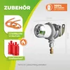 A marketing image showing gas accessories and a gas pressure regulator with dimensions. Produktbild-Vorschau