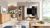 A modern living room with wooden furniture, including a display cabinet, TV stand, and coffee table, arranged around a large window. Produktbild-Vorschau