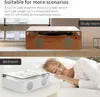 A collage showing a retro-style music player in a study room and a modern white music player in a bedroom with a woman sleeping. Produktbild-Vorschau