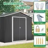 A dark gray metal shed is shown in a garden setting, with various accessories displayed in boxes on the right side. Produktbild-Vorschau