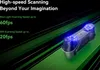 A 3D scanner with blue lights is shown against a dark background with green streaks, suggesting speed and advanced technology. Text highlights scanning speeds. Náhled obrázku produktu