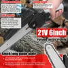 A hand holding a portable electric pruning saw with text overlays describing its features. Produktbild-Vorschau