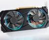 A computer graphics card with two fans, shown from a slightly elevated angle on a white background. Produktbild-Vorschau