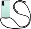 A transparent phone case with a black lanyard attached, shown against a white background. Produktbild-Vorschau