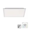 A white rectangular LED ceiling light with a gray frame, shown from the front against a white background. There are two icons in the bottom right corner: one depicting a person with motion waves, and another showing a color spectrum with text. Produktbild-Vorschau
