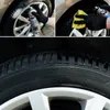 A collage showing the application of a tire dressing product to a car tire. Produktbild-Vorschau