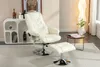 A beige recliner chair with a matching ottoman is shown in a well-lit room with a modern white shelf unit and a small side table. Produktbild-Vorschau