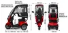 Diagrams and dimensions of a red three-wheeled electric scooter with a roof and storage box. Produktbild-Vorschau