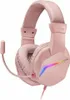 A pink gaming headset with a microphone and RGB lighting on the ear cup. Produktbild-Vorschau